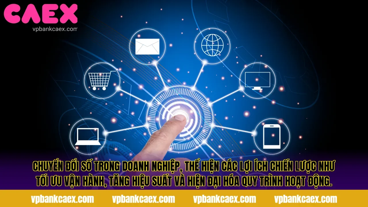 Chuyển đổi số trong doanh nghiệp, thể hiện các lợi ích chiến lược như tối ưu vận hành, tăng hiệu suất và hiện đại hóa quy trình hoạt động.