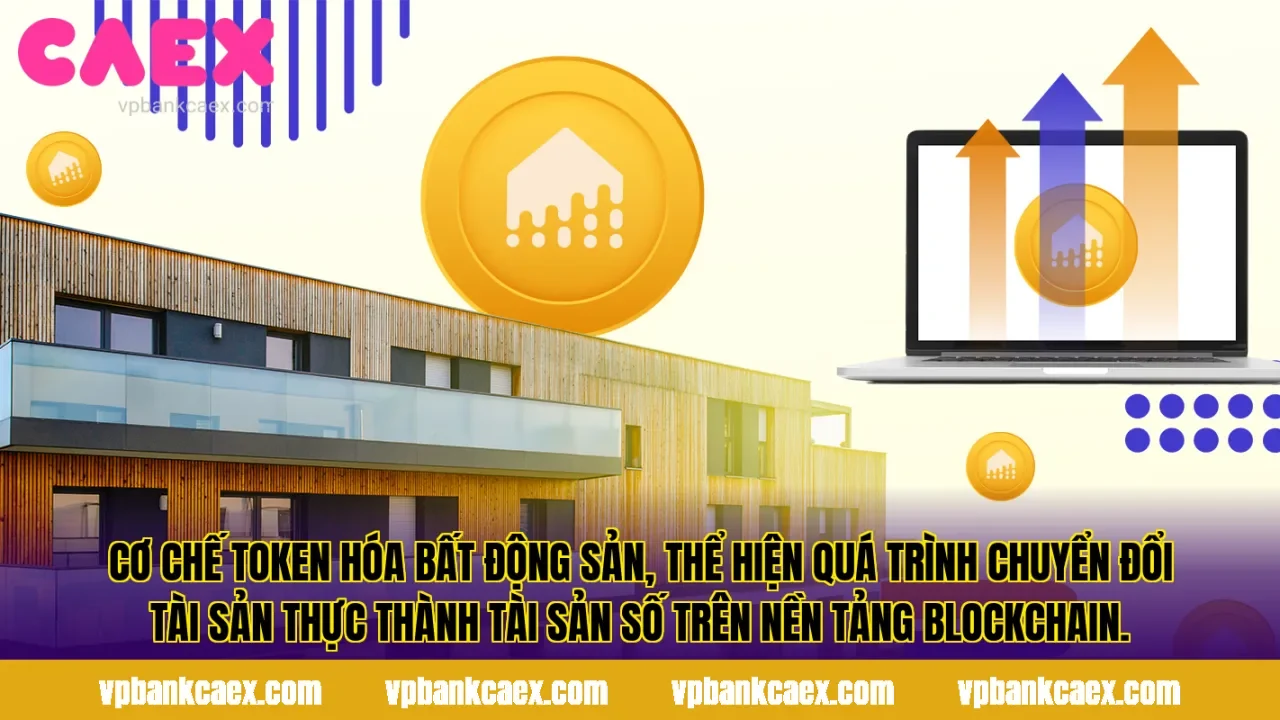 Cơ chế token hóa bất động sản, thể hiện quá trình chuyển đổi tài sản thực thành tài sản số trên nền tảng blockchain.