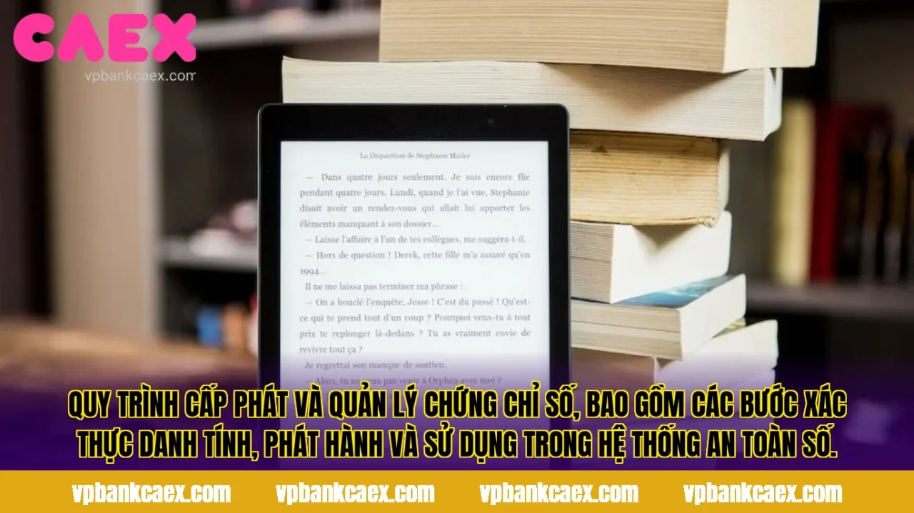 Quy trình cấp phát và quản lý chứng chỉ số, bao gồm các bước xác thực danh tính, phát hành và sử dụng trong hệ thống an toàn số.